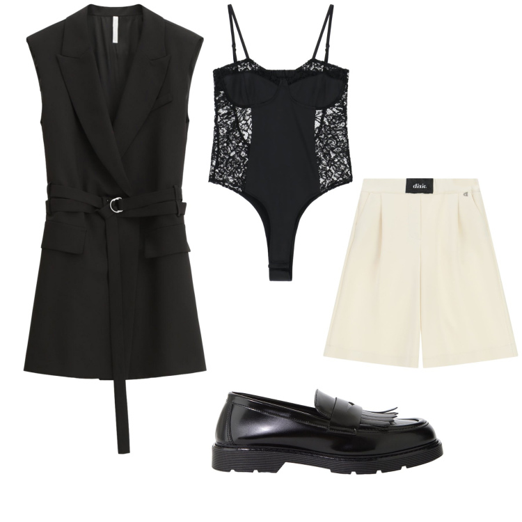 Outfit donna - Fuori dagli schemi. Stile Glamour per Serata fuori. Abbinamento con gilet, shorts, mocassini, body.