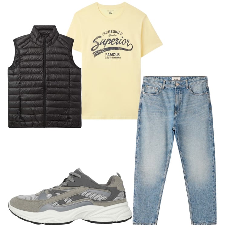 Outfit uomo - Total look Terranova. Stile Casual per Tutti i giorni. Abbinamento con t-shirt, piumini, jeans dritti, sneakers.