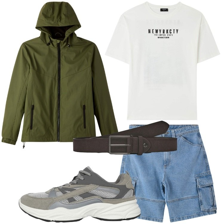 Outfit uomo - Giubbino leggero per le notti al mare. Stile Casual per Serata speciale. Abbinamento con t-shirt, bermuda, sneakers, cinture, giacche sportive.