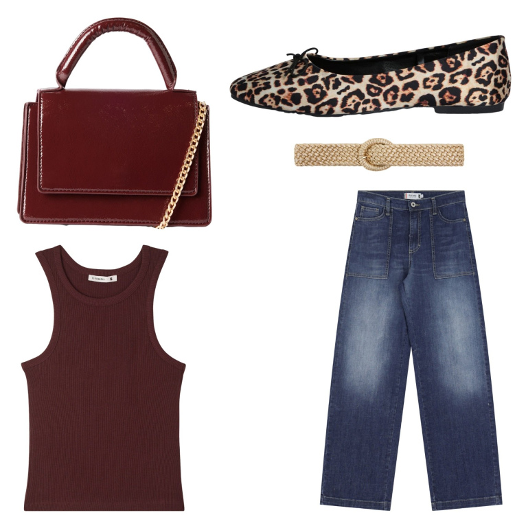 Outfit donna - Pomeriggio in jeans. Stile Casual chic per Tutti i giorni. Abbinamento con top, cinture, ballerine, borse a tracolla, jeans.