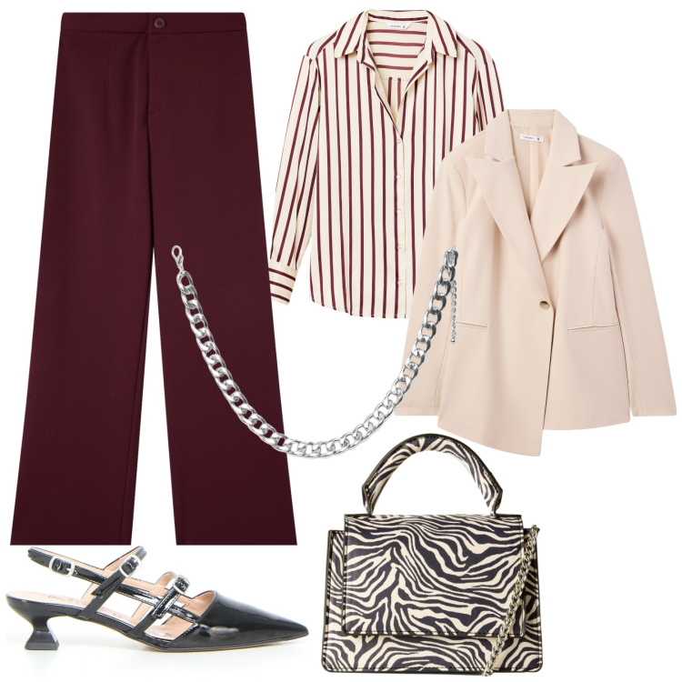 Outfit donna - La prof torna in aula. Stile Urban per Tutti i giorni. Abbinamento con pantaloni, camicie, blazer, collane, borse a tracolla, décolleté.