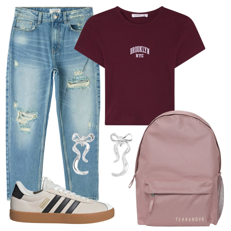 Outfit donna - Ritorno tra i banchi. Stile Trendy per Scuola/Università. Abbinamento con orecchini, zaini, jeans mom, t-shirt, sneakers.