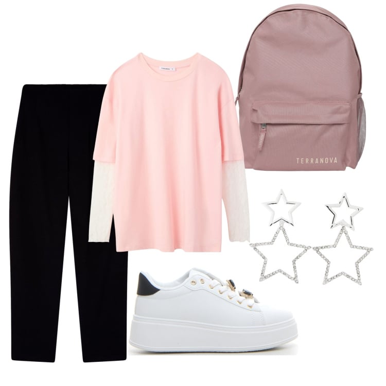 Outfit donna - Terranova - Back To School 4. Stile Basic per Tutti i giorni. Abbinamento con orecchini, t-shirt, zaini, pantaloni chino, sneakers.