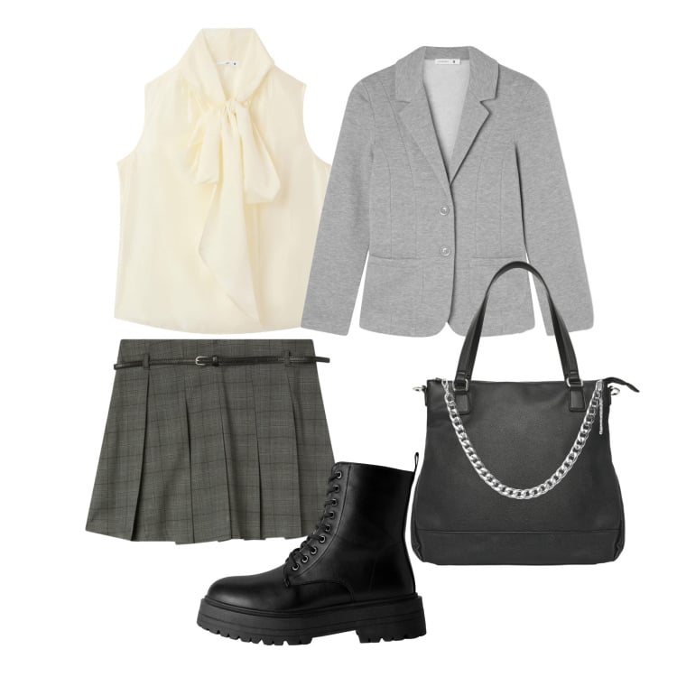 Outfit donna - Back to School. Stile Urban per Tutti i giorni. Abbinamento con blazer, minigonne, collane, shopping bag, anfibi, bluse.