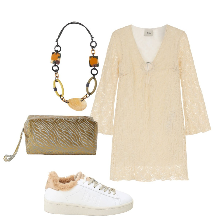 Outfit donna - Serata. Stile Glamour per Serata fuori. Abbinamento con pochette, collane, sneakers, vestiti corti.