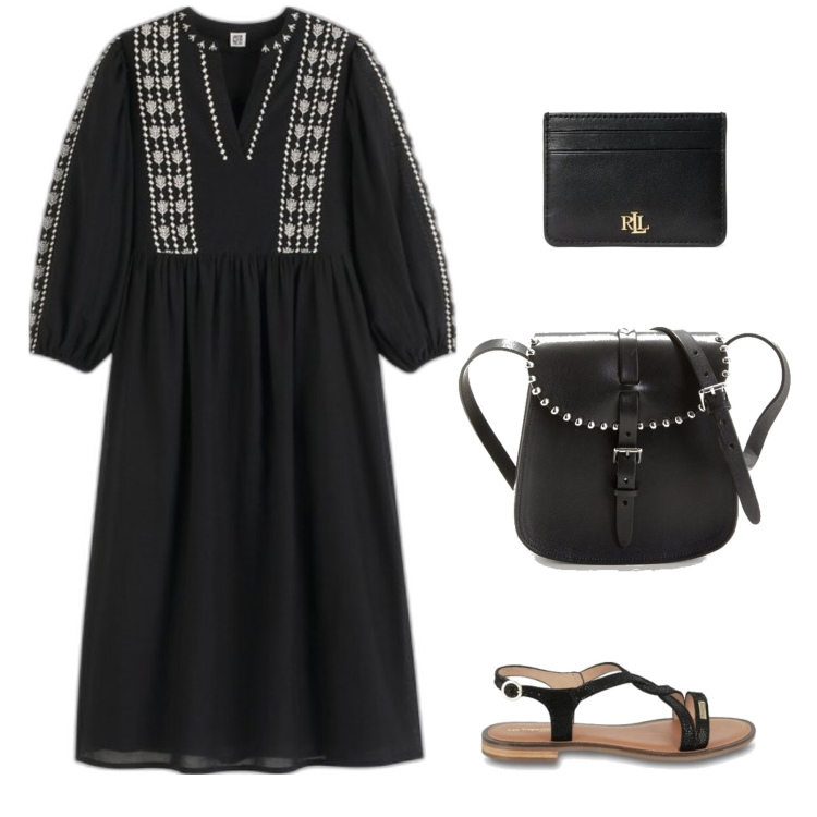Outfit mujer - De negro. Estilo Boho para Todos los días. Combinación con bandoleras, monederos, vestidos largos, sandalias de piel.