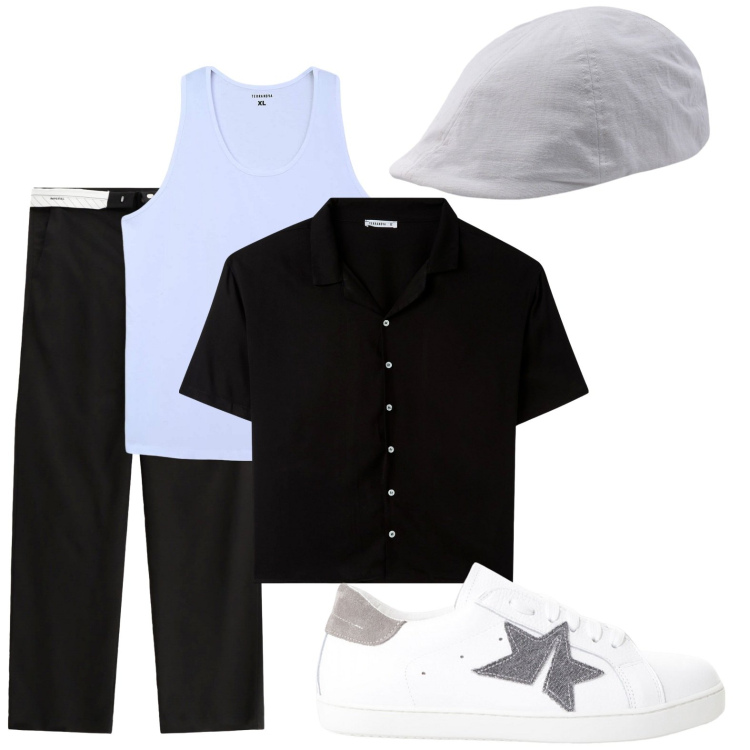 Outfit uomo - Urban white. Stile Urban per Tutti i giorni. Abbinamento con camicie a manica corta, canottiere, sneakers, pantaloni, cappelli con visiera.