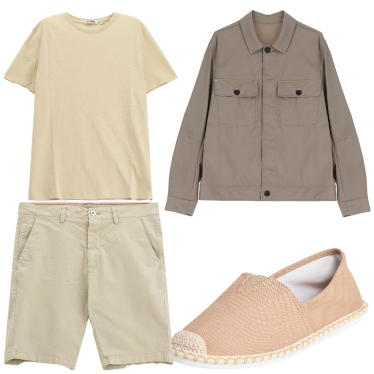 Outfit uomo - Colori neutri. Stile Casual per Serata speciale. Abbinamento con espadrillas, giacche, t-shirt, bermuda.