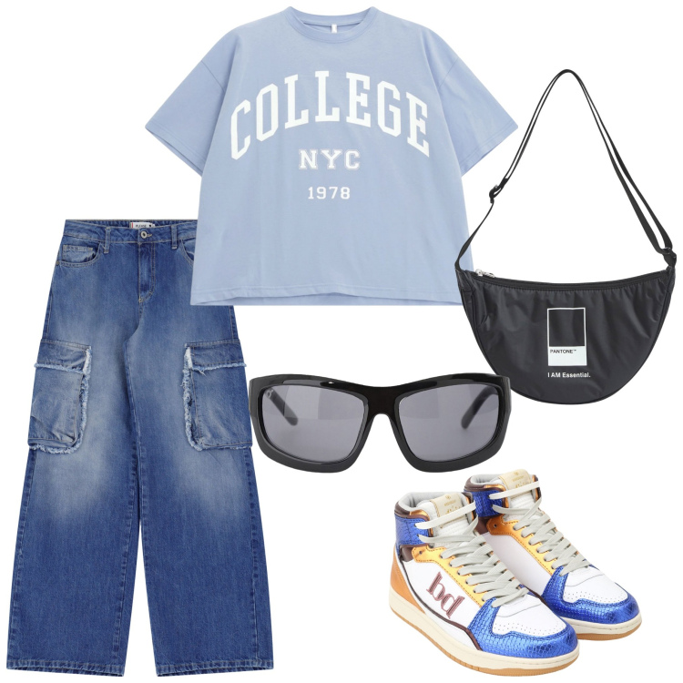 Outfit donna - College. Stile Sporty chic per Tutti i giorni. Abbinamento con marsupi, jeans, t-shirt, occhiali da sole, sneakers alte.