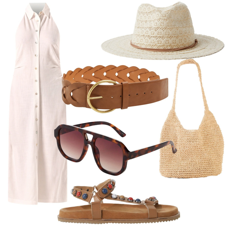 Outfit donna - Passeggiata ad Erice. per Tutti i giorni. Abbinamento con occhiali da sole, shopping bag, cappelli, cinture, vestiti chemisier, sandali.