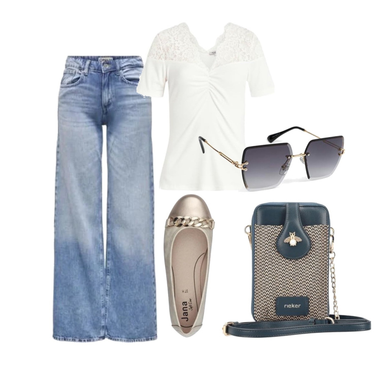 Outfit femme - Août. Style Basique pour Tous les jours. Assortir avec jeans, sacs en bandoulière, ballerines, lunettes de soleil, pulls.
