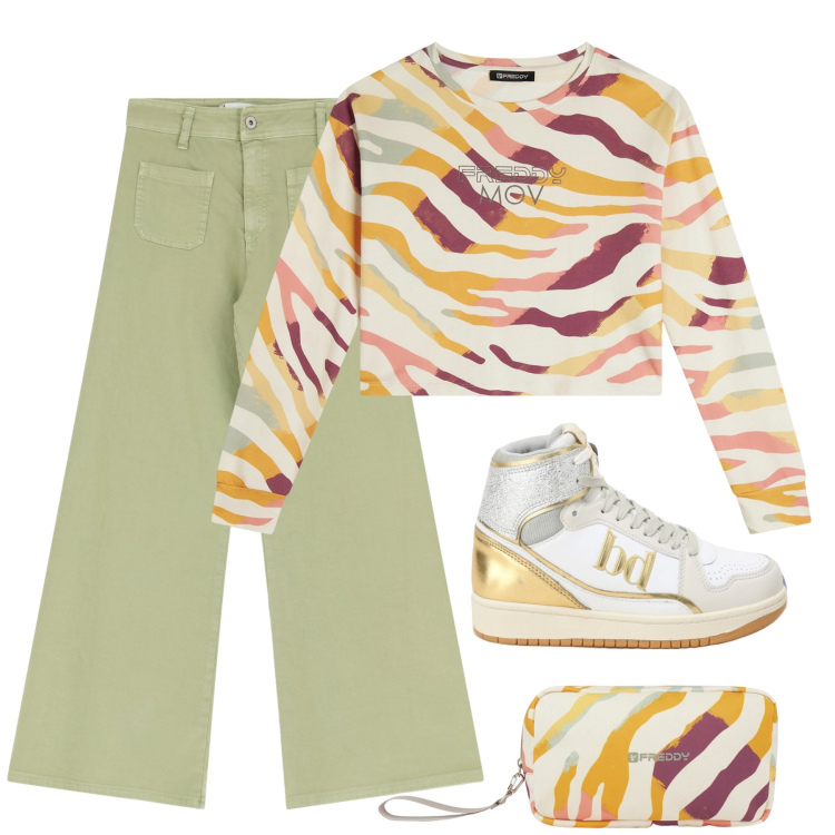 Outfit donna - Rientro con Freddy. Stile Casual per Tutti i giorni. Abbinamento con jeans, sneakers alte, felpe, valigie.