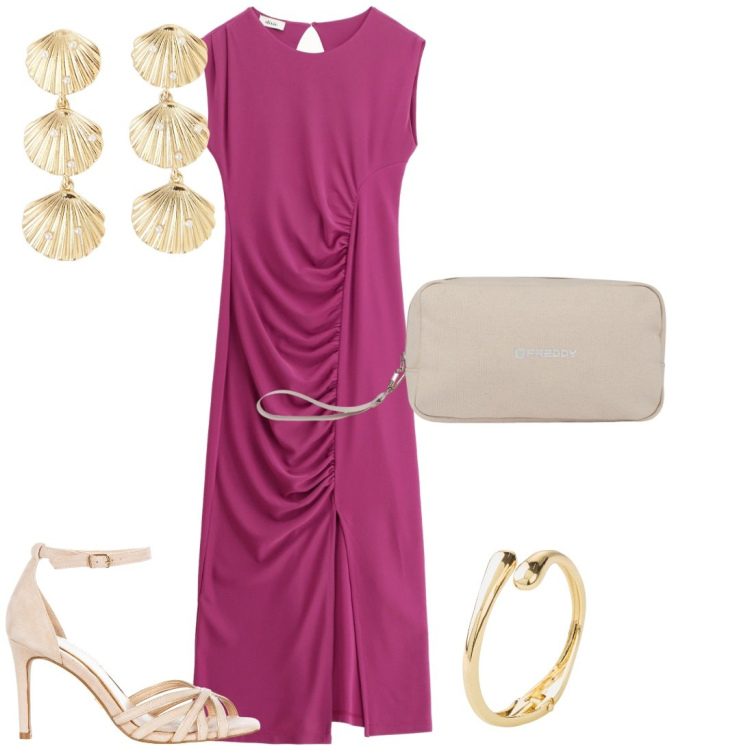 Outfit donna - Aperitivo con classe. Stile Casual chic per Serata fuori. Abbinamento con braccialetti, orecchini, sandali col tacco, valigie, vestiti midi/longuette.