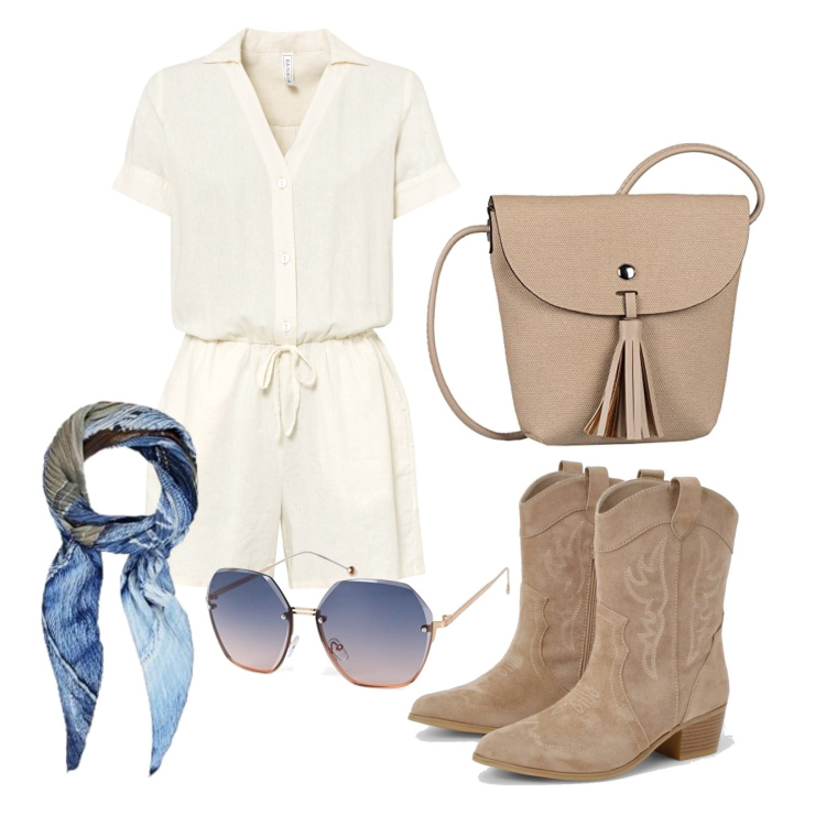 Outfit femme - Août. Style Tendance pour Tous les jours. Assortir avec combishort, bottines texanes, lunettes de soleil, sacs en bandoulière, écharpes.