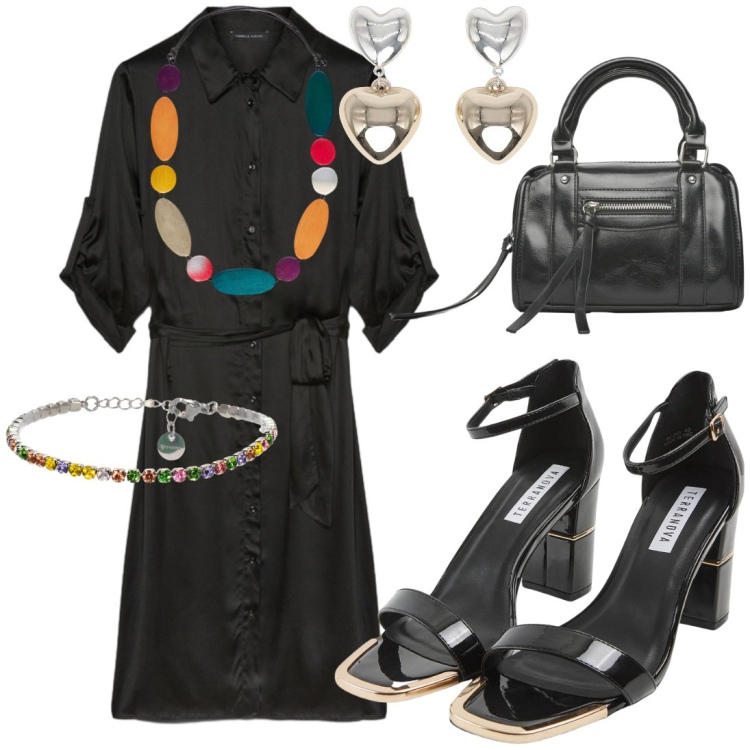 Outfit donna - Cena con le amiche. Stile Minimal per Serata fuori. Abbinamento con sabot, borse a mano, orecchini, braccialetti, vestiti chemisier, collane.
