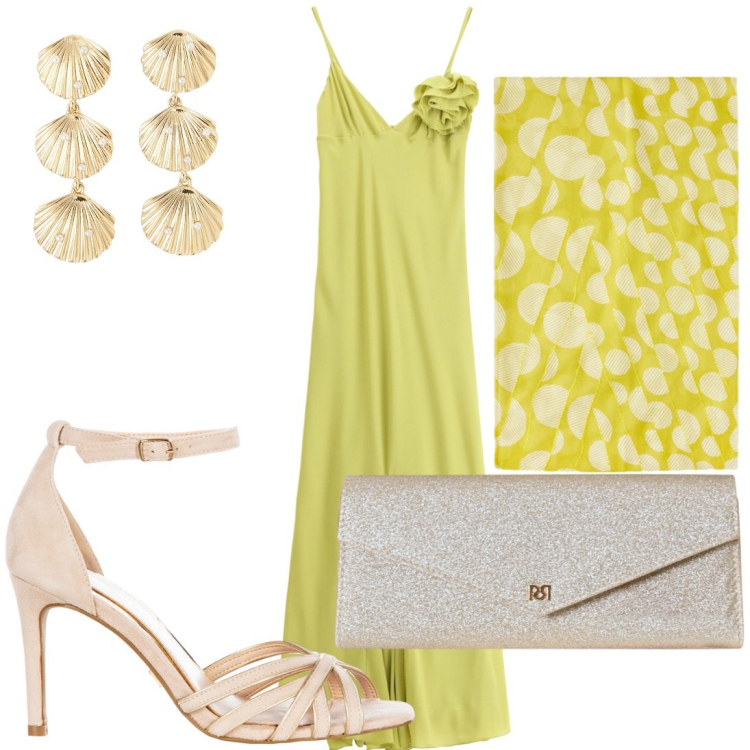 Outfit donna - Cena elegante. Stile Chic per Serata fuori. Abbinamento con orecchini, pochette, sandali col tacco, vestiti lunghi, stole.