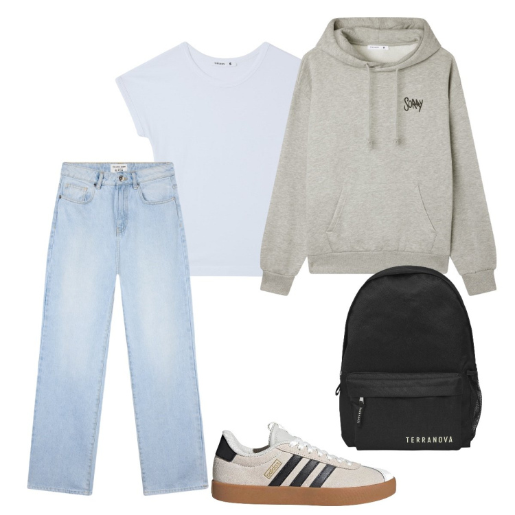 Outfit donna - Semplicemente. Stile Basic per Scuola/Università. look ideale per Petite. Abbinamento con jeans dritti, t-shirt, zaini, felpe con cappuccio, sneakers.