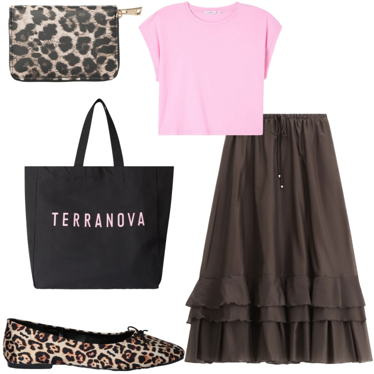 Outfit donna - Total look #2233357. Stile Chic per Tutti i giorni. Abbinamento con t-shirt, ballerine, portafogli, borse tote, gonne lunghe.