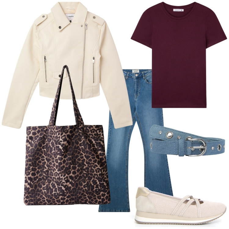 Outfit donna - To school. Stile Urban per Scuola/Università. Abbinamento con giacche, t-shirt, shopping bag, cinture, jeans a zampa, ballerine.
