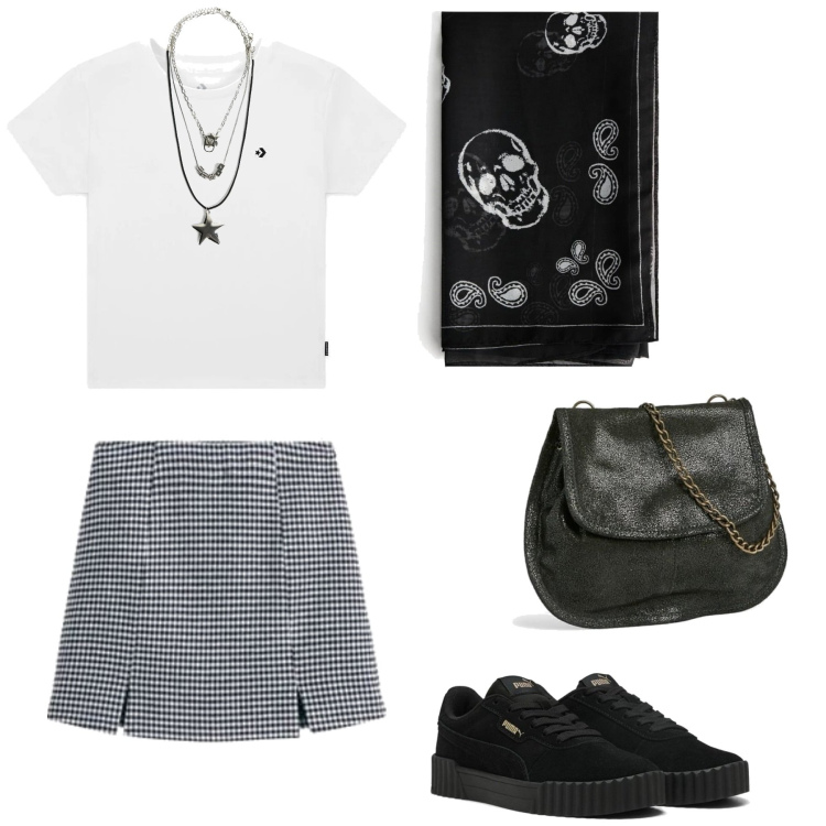 Outfit mujer - Rock #713. Estilo Rock para Todos los días. Combinación con camiseta, bandas para el pelo, collares, minifaldas, bolsos de mano, sneakers.
