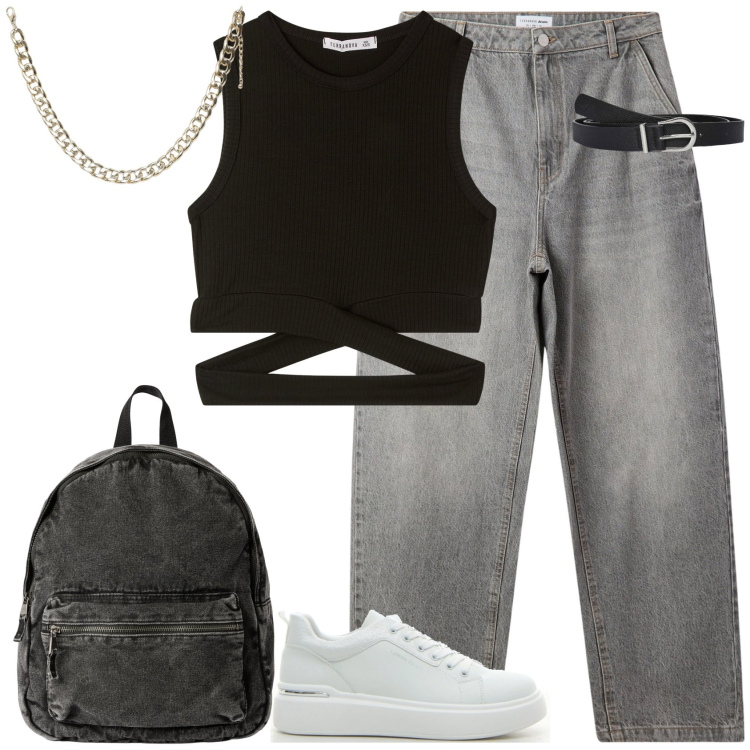 Outfit donna - September Back to school. Stile Casual per Scuola/Università. Abbinamento con cinture, collane, zaini, top, jeans, sneakers.
