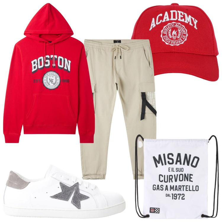 Outfit uomo - Cappelli con visiera colorati: urban. Stile Urban per Sport. Abbinamento con borse sportive, pantaloni cargo, cappelli, felpe con cappuccio, sneakers.