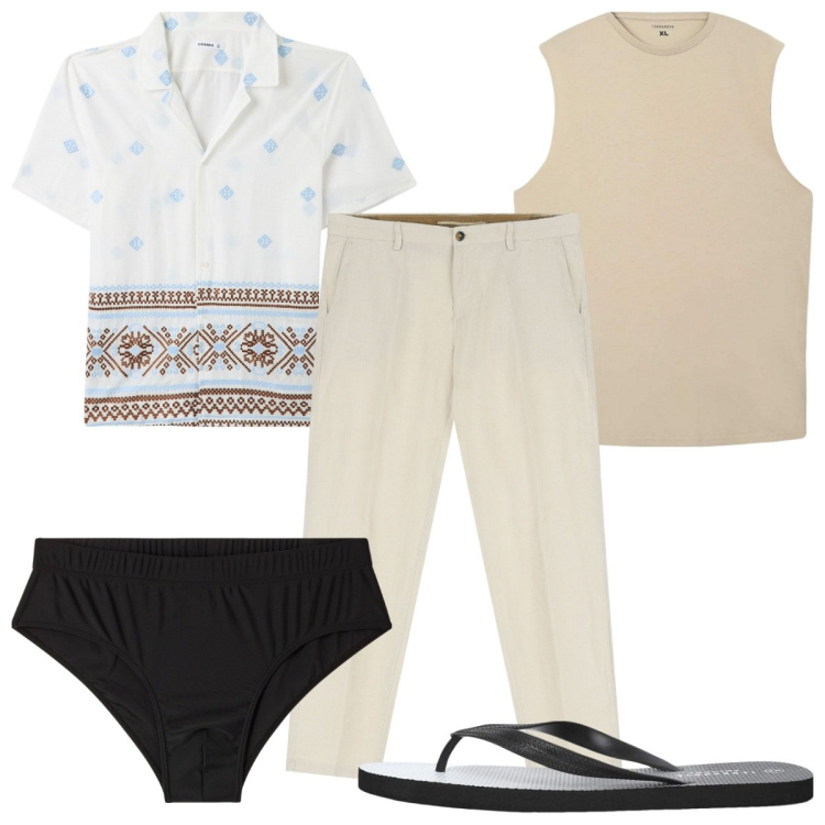 Outfit uomo - Total look #2233410. Stile Trendy per Mare. Abbinamento con camicie a manica corta, canottiere, sandali, costumi, pantaloni chino.