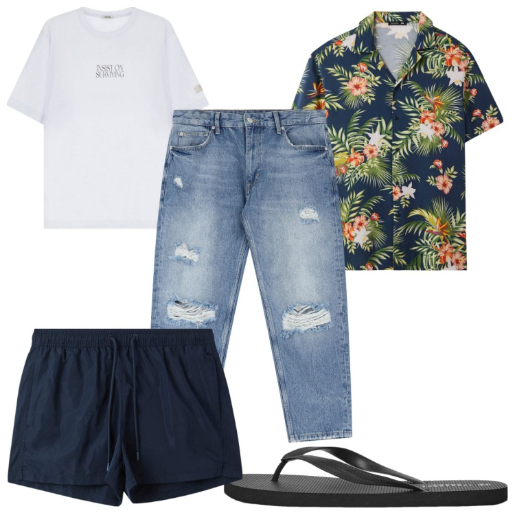 Outfit uomo - Total look #2233412. Stile Trendy per Mare. Abbinamento con camicie a manica corta, sandali, costumi, jeans strappati, t-shirt.