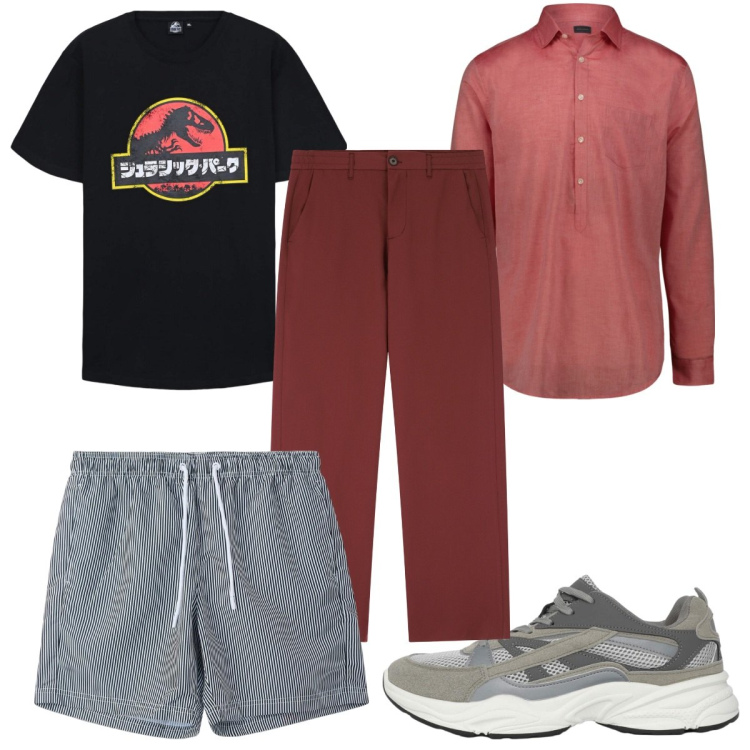 Outfit uomo - Total look #2233414. Stile Trendy per Mare. Abbinamento con costumi, t-shirt, sneakers, pantaloni, camicie.