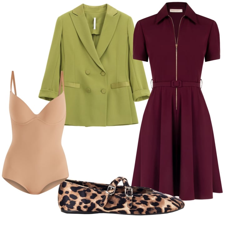 Outfit donna - Cool back to work. Stile Trendy per Ufficio. Abbinamento con vestiti corti, body, ballerine, blazer.