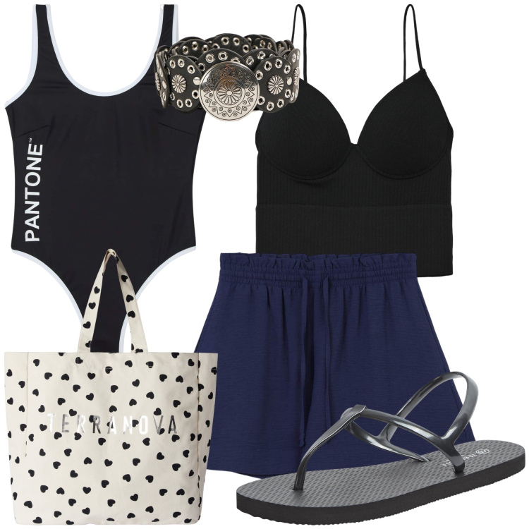Outfit donna - Terranova weekend on the beach. Stile Trendy per Mare. Abbinamento con sandali, costumi interi, top, cinture, shorts, borse tote.