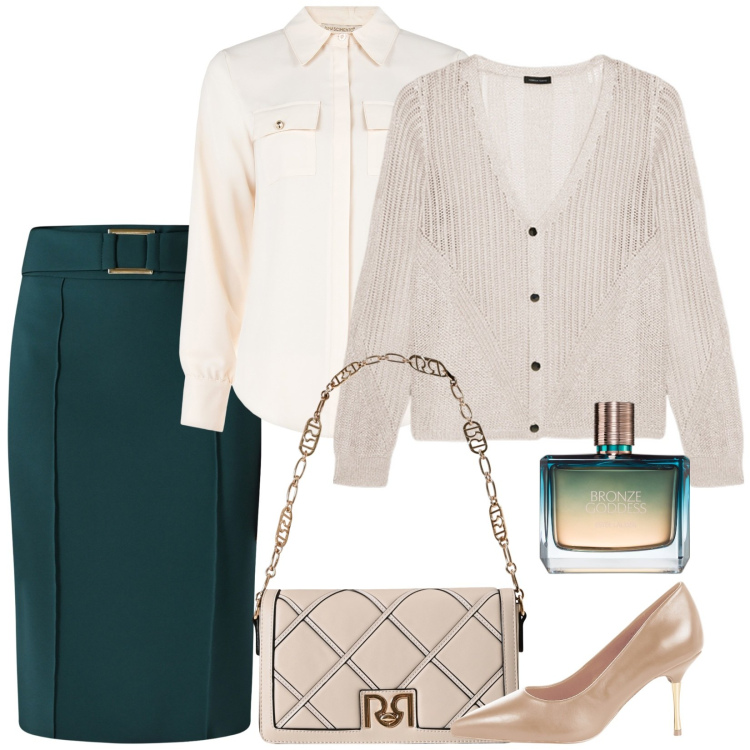 Outfit donna - Una gonna a tubino. Stile Casual chic per Ufficio. Abbinamento con profumi, gonne, camicie, décolleté, borse a tracolla, cardigans.