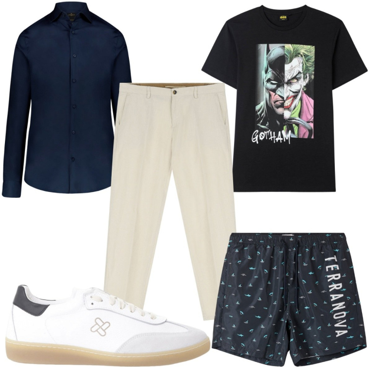 Outfit uomo - Total look #2233419. Stile Trendy per Mare. Abbinamento con t-shirt, costumi, sneakers, pantaloni chino, camicie.