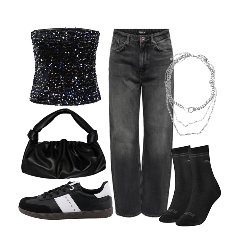 Outfit femme - Août. Style Urban pour Tous les jours. Assortir avec jeans, sneakers, sacs en bandoulière, hauts, colliers, socquettes.