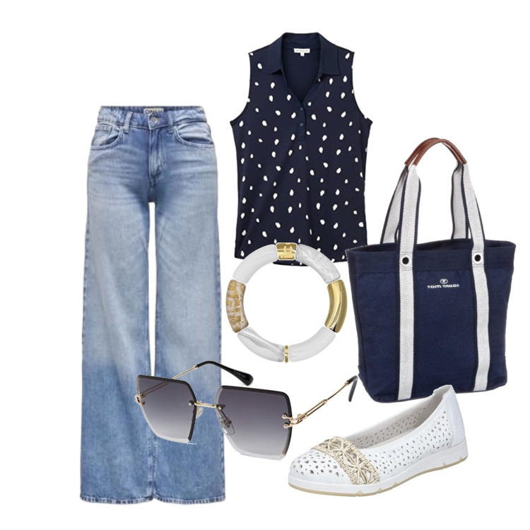 Outfit femme - Août. Style Casual chic pour Tous les jours. Assortir avec jeans, polos, ballerines, sacs à main, lunettes de soleil, bracelets.