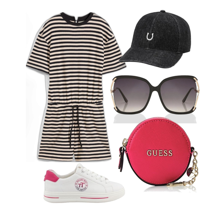 Outfit femme - Août. Style Urban pour Tous les jours. Assortir avec combishort, lunettes de soleil, sacs à main, sneakers, chapeaux.
