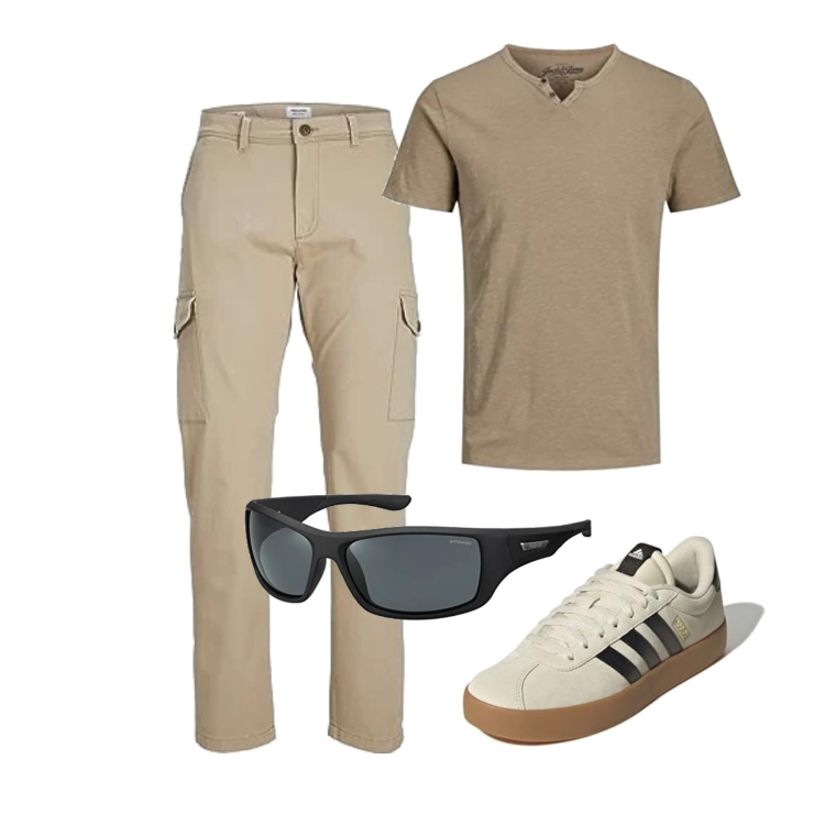 Outfit homme - Août. Style Casual pour Bureau. Assortir avec lunettes de soleil, pantalon cargo, t-shirts, sneakers.