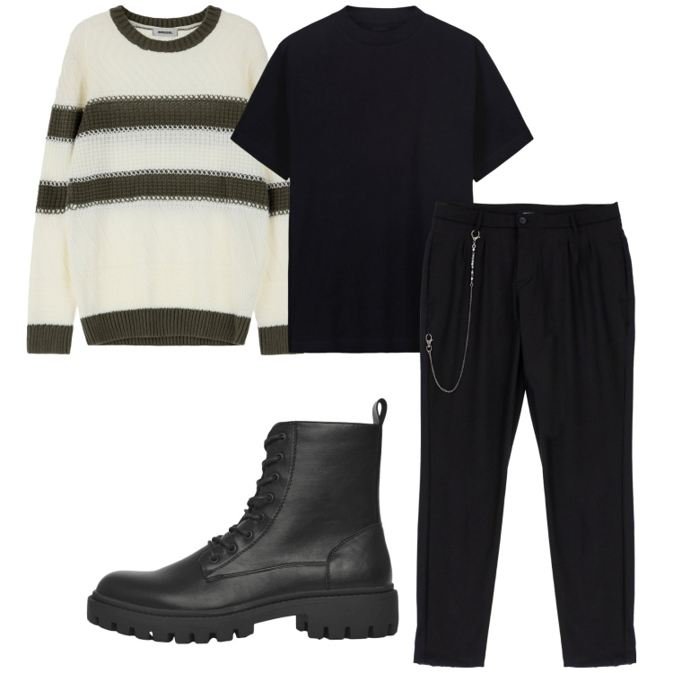 Outfit uomo - Total look #2233458. Stile Urban per Tutti i giorni. Abbinamento con anfibi, maglieria, pantaloni, t-shirt.