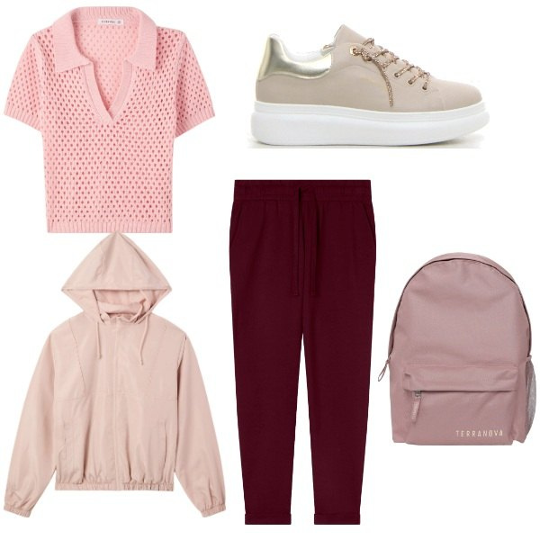 Outfit donna - Pink way. Stile Casual per Scuola/Università. Abbinamento con polo, giacche sportive, zaini, pantaloni, sneakers.