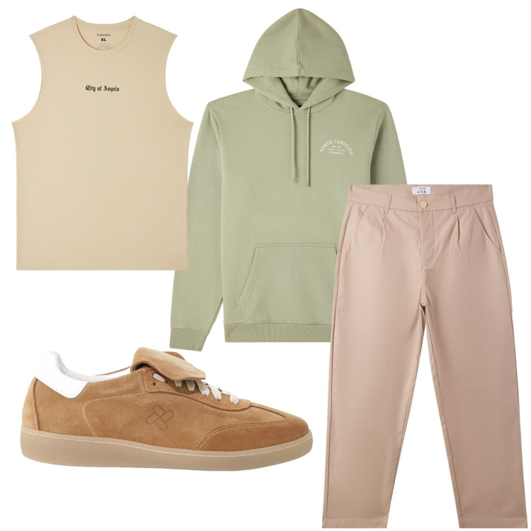 Outfit uomo - Stile dinamico. Stile Trendy per Tutti i giorni. Abbinamento con canottiere, pantaloni chino, felpe con cappuccio, sneakers.
