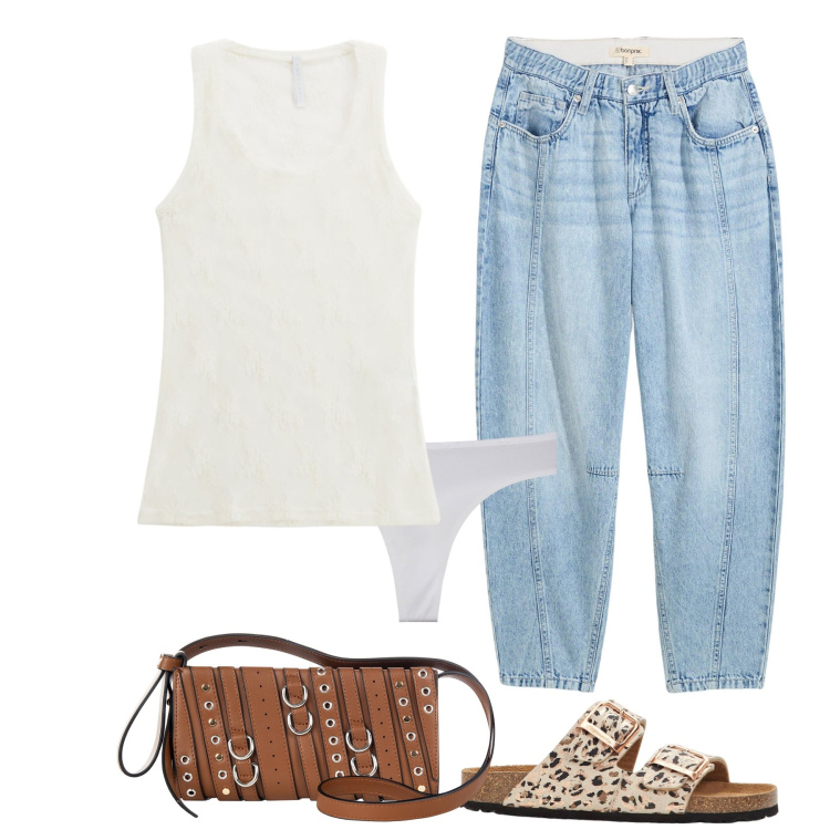 Outfit donna - Back to style 001. Stile Casual chic per Tutti i giorni. Abbinamento con ciabatte, jeans, borse a spalla, canottiere, perizomi.