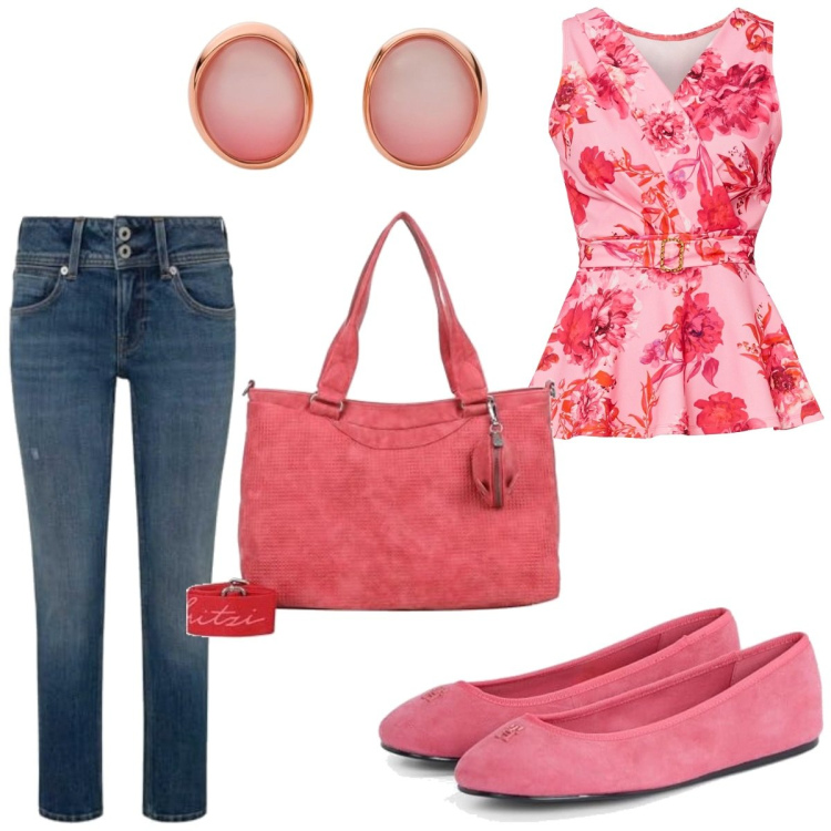 Outfit femme - Rose romantique. Style Romantique pour Tous les jours. Assortir avec t-shirts, jeans, boucles d'oreilles, ballerines, sac cabas.