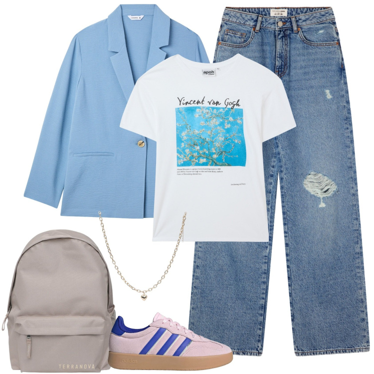 Outfit donna - Total look Back to school. Stile Casual chic per Scuola/Università. Abbinamento con t-shirt, jeans strappati, blazer, zaini, collane, sneakers.