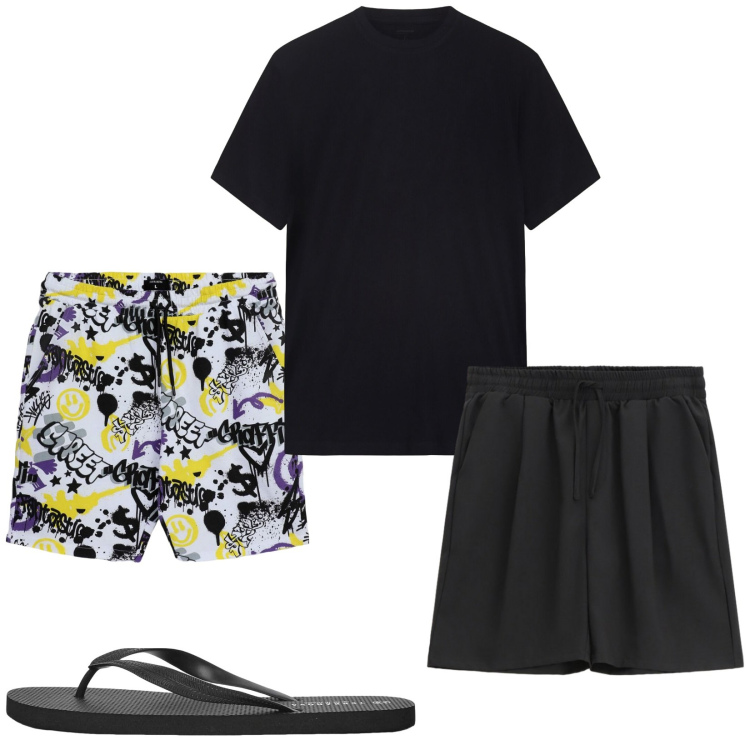 Outfit uomo - Total look #2233517. Stile Casual per Mare. Abbinamento con sandali, pantaloni corti, bermuda, t-shirt.