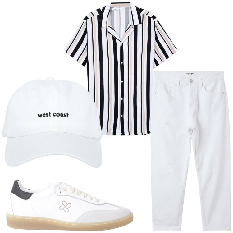 Outfit uomo - Total look #2233536. Stile Casual per Tutti i giorni. Abbinamento con cappelli, jeans strappati, camicie a manica corta, sneakers.