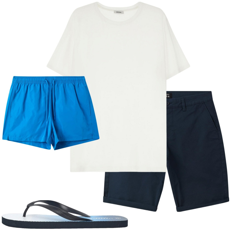 Outfit uomo - Total look #2233543. Stile Casual per Mare. Abbinamento con sandali, costumi, bermuda, t-shirt.