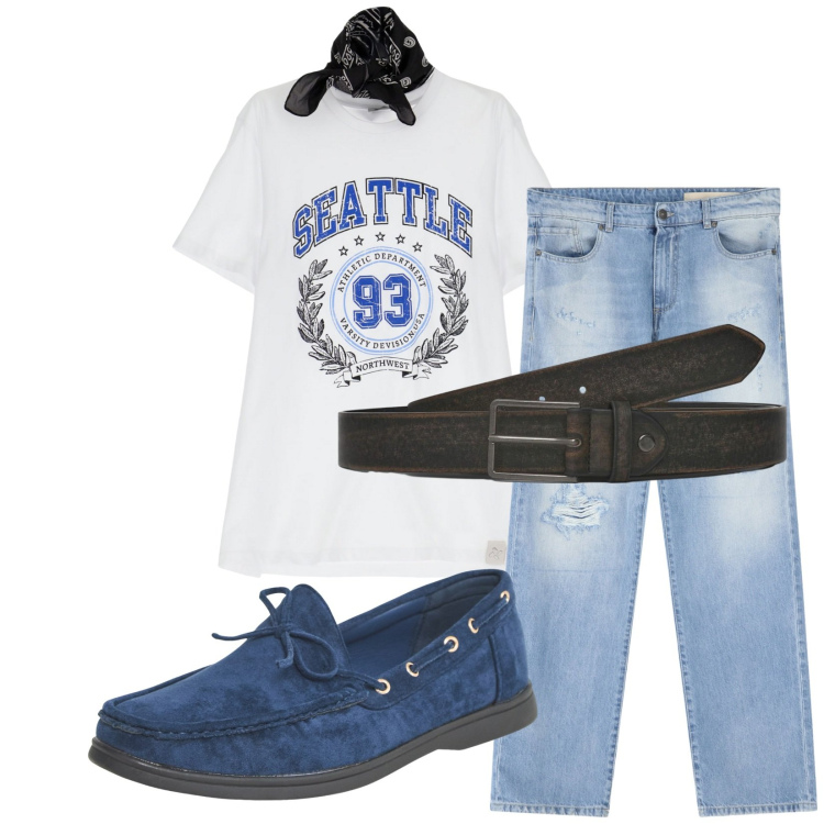 Outfit uomo - Total look #2233546. Stile Urban per Tutti i giorni. Abbinamento con scarpe stringate, cinture, t-shirt, jeans strappati.