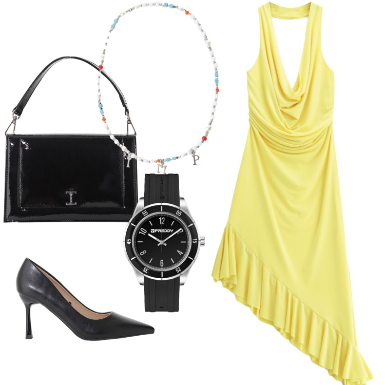 Outfit donna - Bella serata. Stile Glamour per Serata fuori. Abbinamento con vestiti asimmetrici, collane, décolleté, borse a tracolla, orologi.