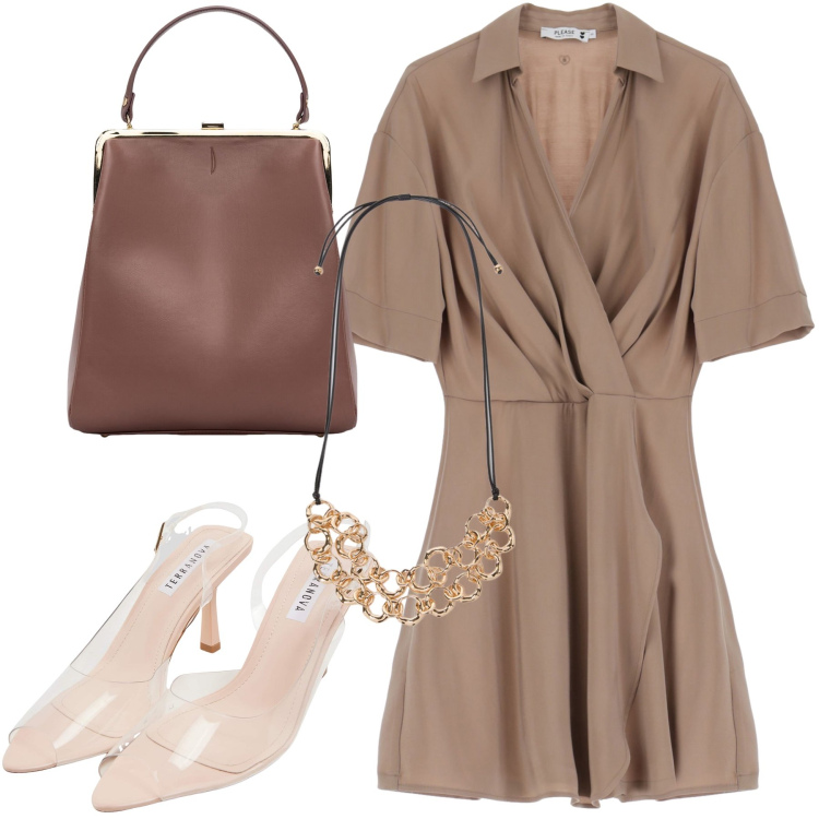 Outfit donna - Settembre in ufficio. Stile Urban per Ufficio. Abbinamento con sandali col tacco, vestiti corti, borse a spalla, collane.