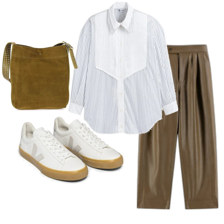 Outfit mujer - Trendy #7043. Estilo Trendy para Oficina. Combinación con sneakers, pantalones, camisas, bolso tote.